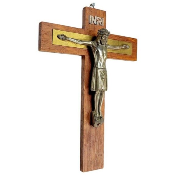 Vintage Wood Brass Crucifix Wall Mounted Cross Jesus Christ Catholic Church 10